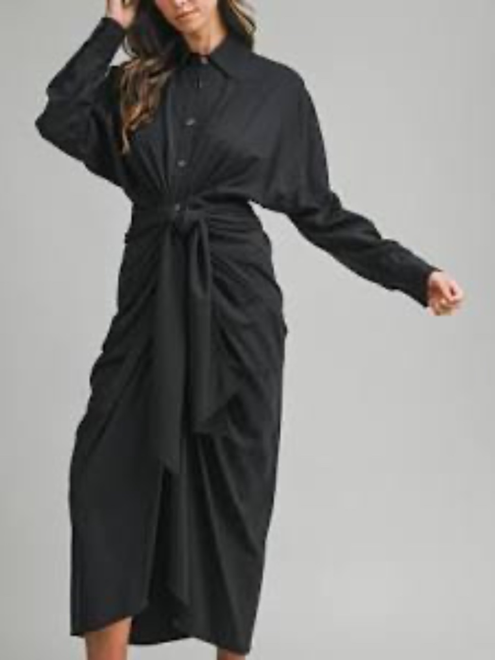 MABLE Black Midi Shirt Dress Ruched Tie Waist Long Sleeves, Size Large